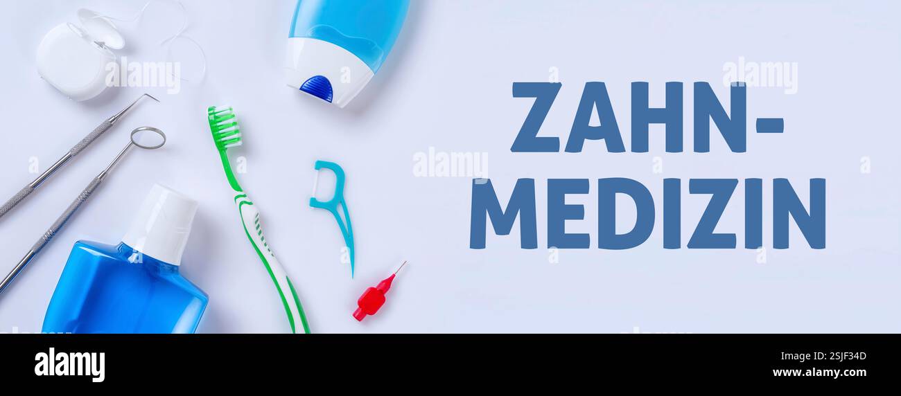 Produits de soins dentaires sur un fond clair - dentisterie Banque D'Images