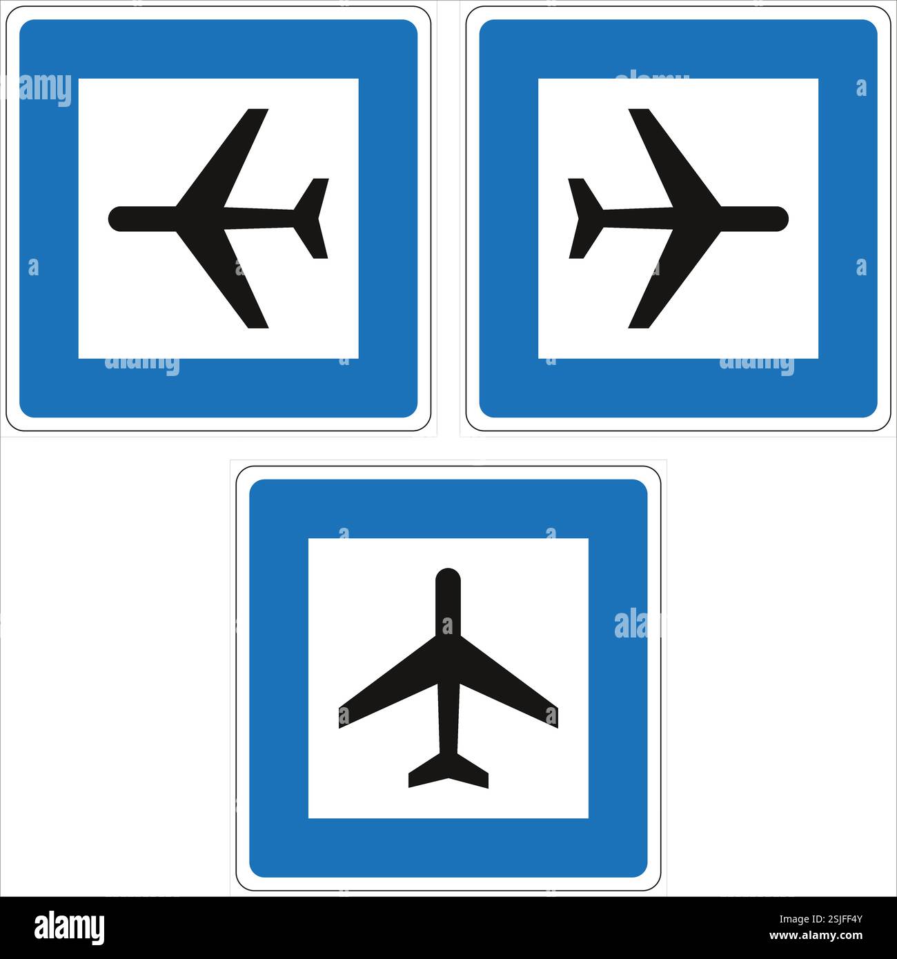 Trois panneaux routiers bleus et blancs indiquant l'aéroport, avec des avions décollant et atterrissant Illustration de Vecteur