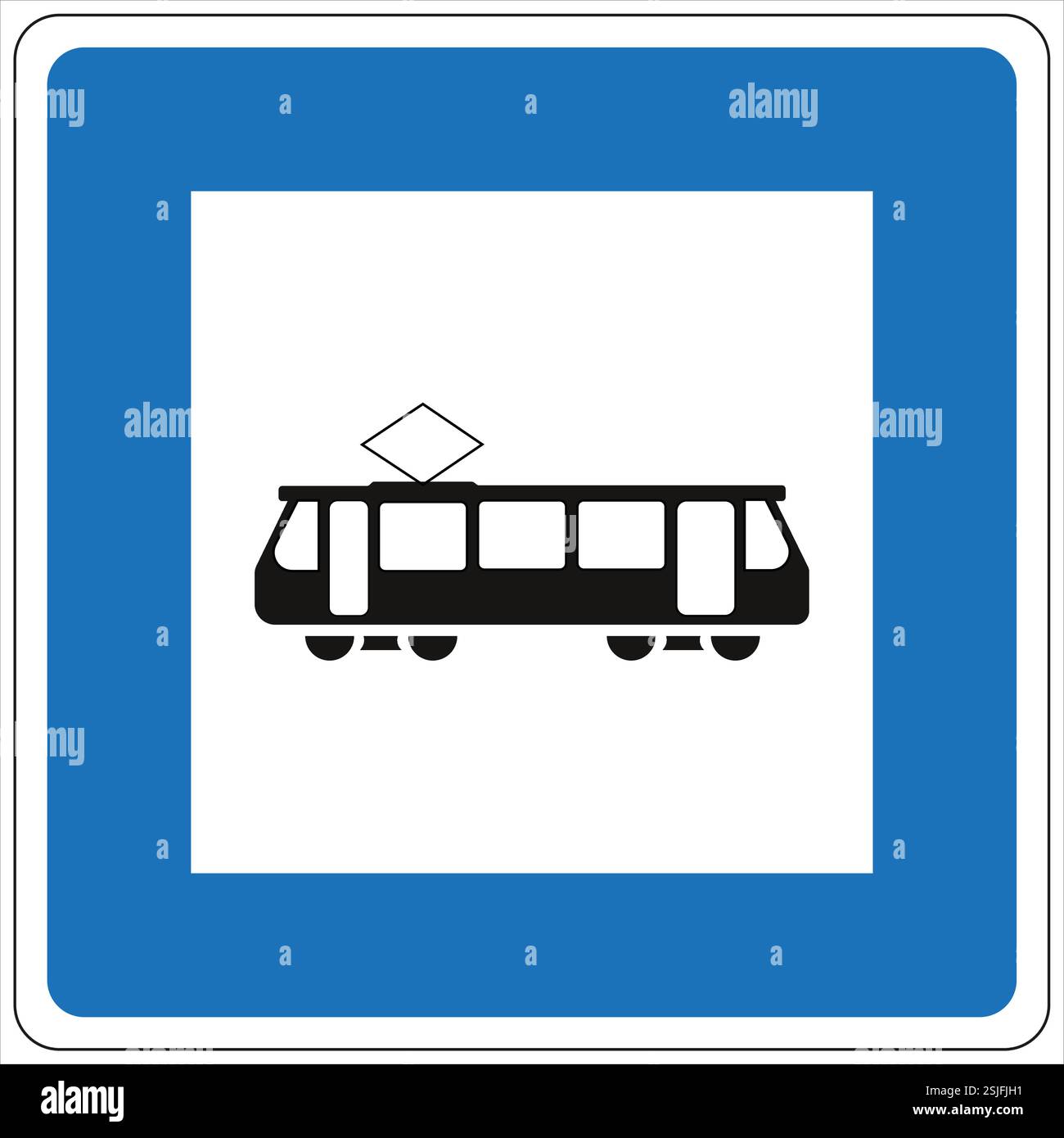 Symbole emblématique du tramway sur un panneau de signalisation carré bleu Illustration de Vecteur