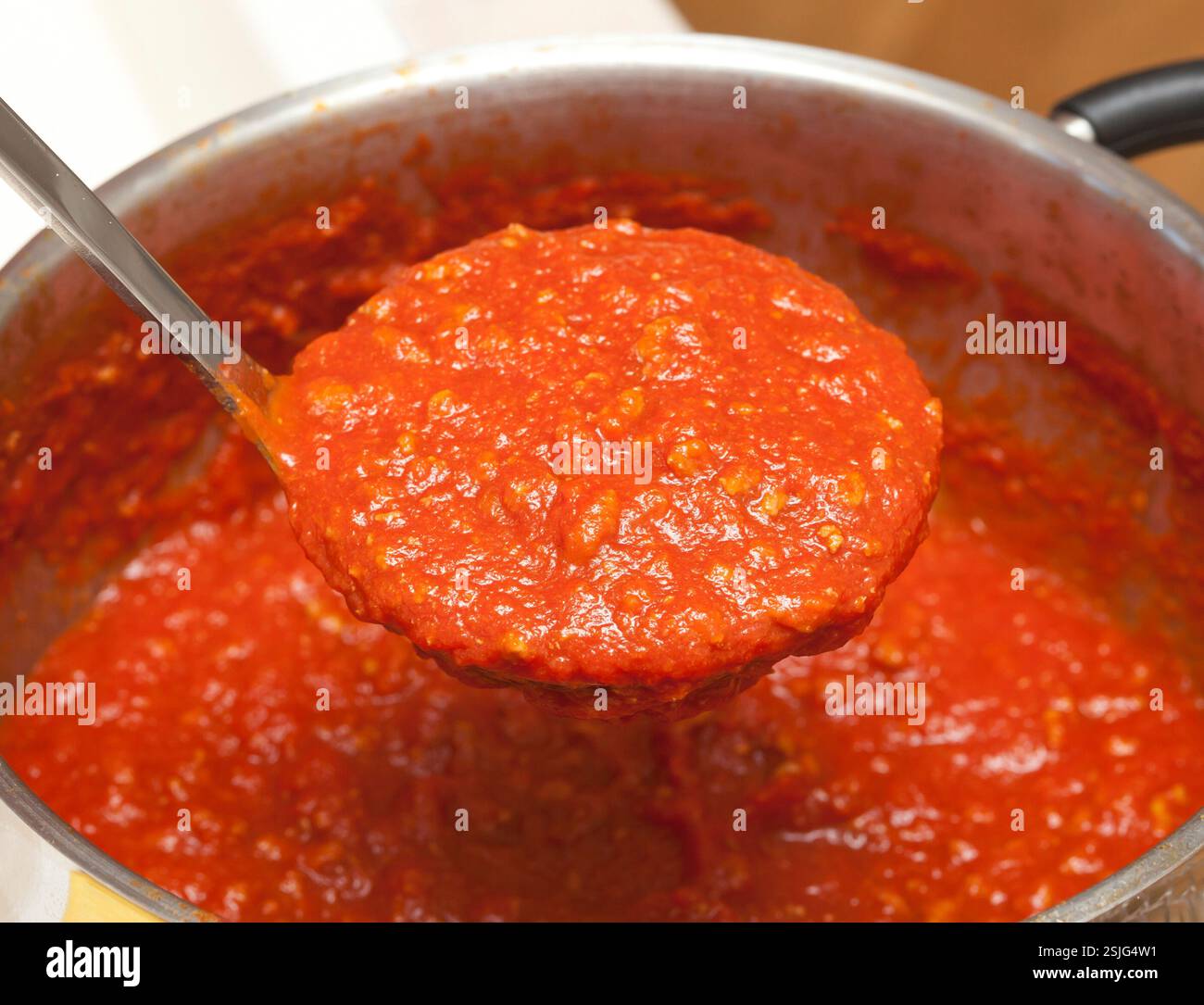 Louche à sauce bolognaise, les tomates et la viande hachée. Banque D'Images