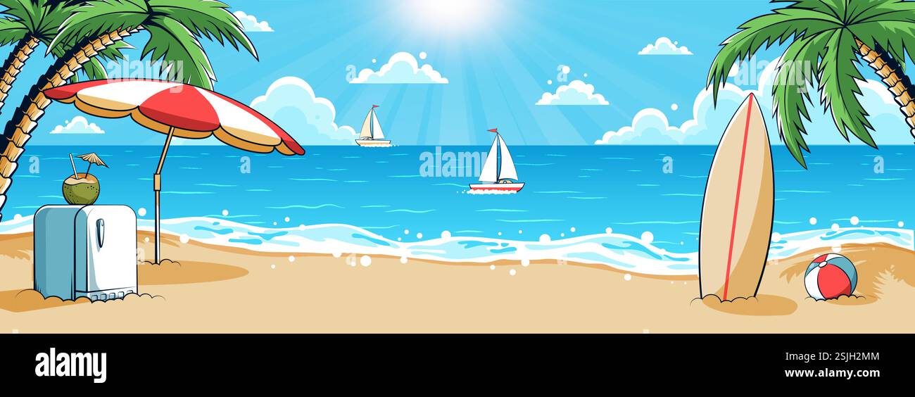 Scène de plage lumineuse d'été avec des palmiers, planche de surf et bateaux à voile dans la mer calme Illustration de Vecteur