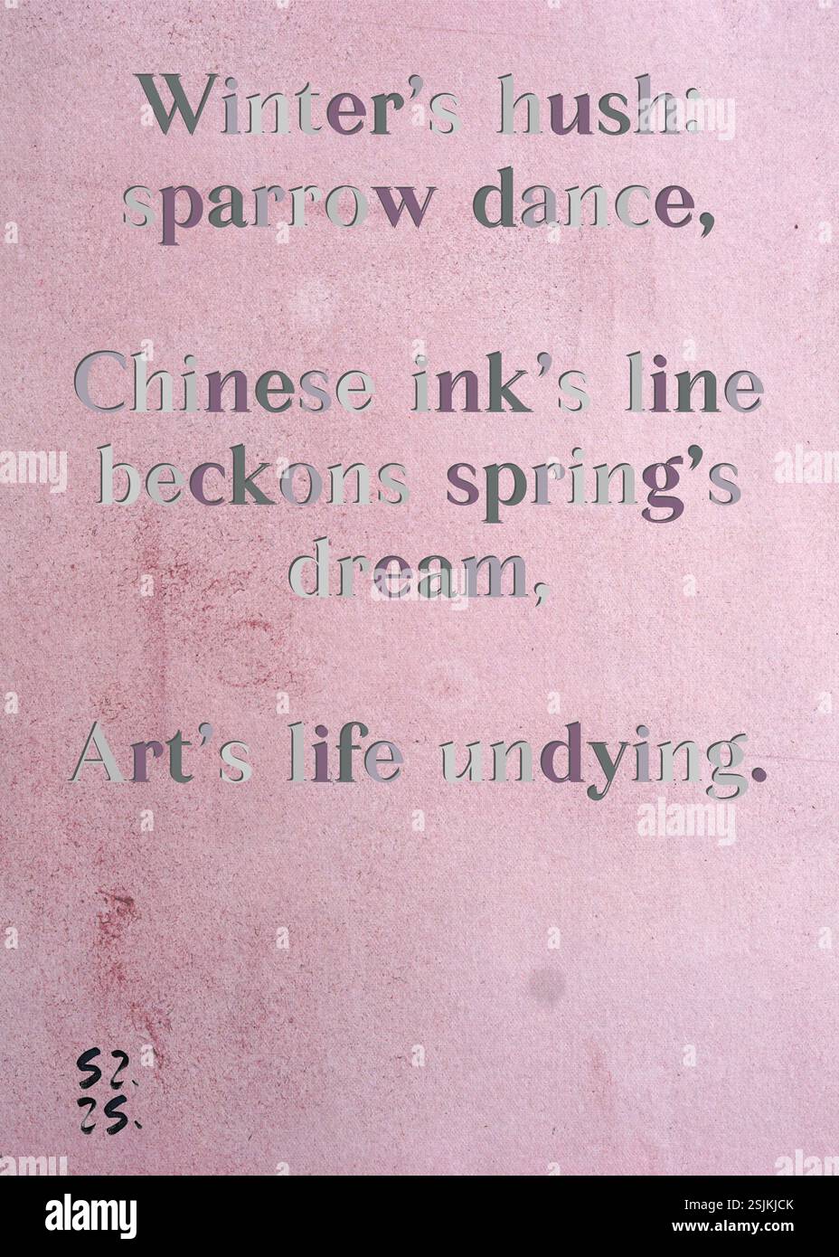 Winter's Hush : la danse du moineau, la ligne de l'encre chinoise évoque le rêve du printemps, la vie éternelle de l'Art. La Silver Writers' Guild de Noor de Wit. Art de Zsuzsa Szikra. Poésie Art Print, Triplumes est une forme poétique unique inspirée du haïku traditionnel, composée de trois lignes qui capturent des moments de clarté, d'émotion et de perspicacité. Dans notre collection, nous embrassons la liberté de la langue, où le mélange des mots et la suppression des traits d'Union est plus qu'un choix stylistique : c'est une façon de transmettre l'unité et la proximité entre les idées, créant une expression fluide et compacte qui résonne avec les rythmes de la LIF moderne Banque D'Images