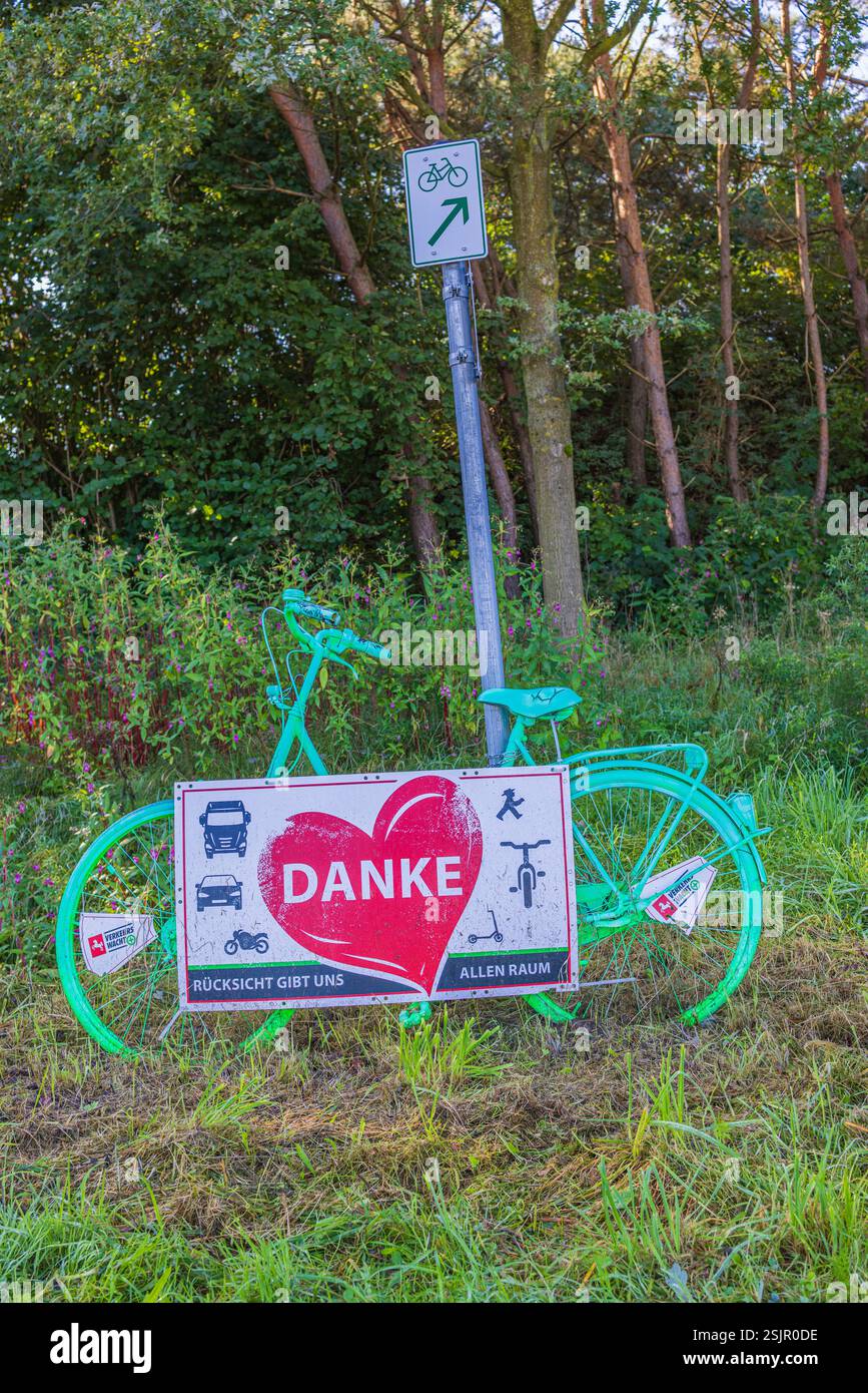 Campagne de sécurité routière, vélo, signe, merci Banque D'Images