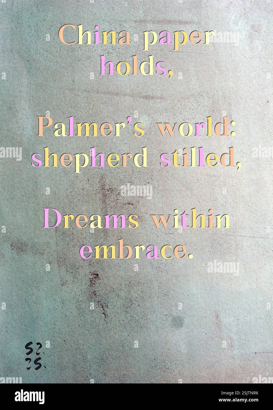 China Paper Hands, Palmer's World : shepherd Stilled, Dreams Within Embrace. Bartholomew Hawke's Silver Writers' Guild. Art de Zsuzsa Szikra. Poésie Art Print, Triplumes est une forme poétique unique inspirée du haïku traditionnel, composée de trois lignes qui capturent des moments de clarté, d'émotion et de perspicacité. Dans notre collection, nous embrassons la liberté de la langue, où le mélange des mots et la suppression des traits d'Union est plus qu'un choix stylistique, c'est une façon de transmettre l'unité et la proximité entre les idées, créant une expression fluide et compacte qui résonne avec les rythmes de la vie moderne. Banque D'Images