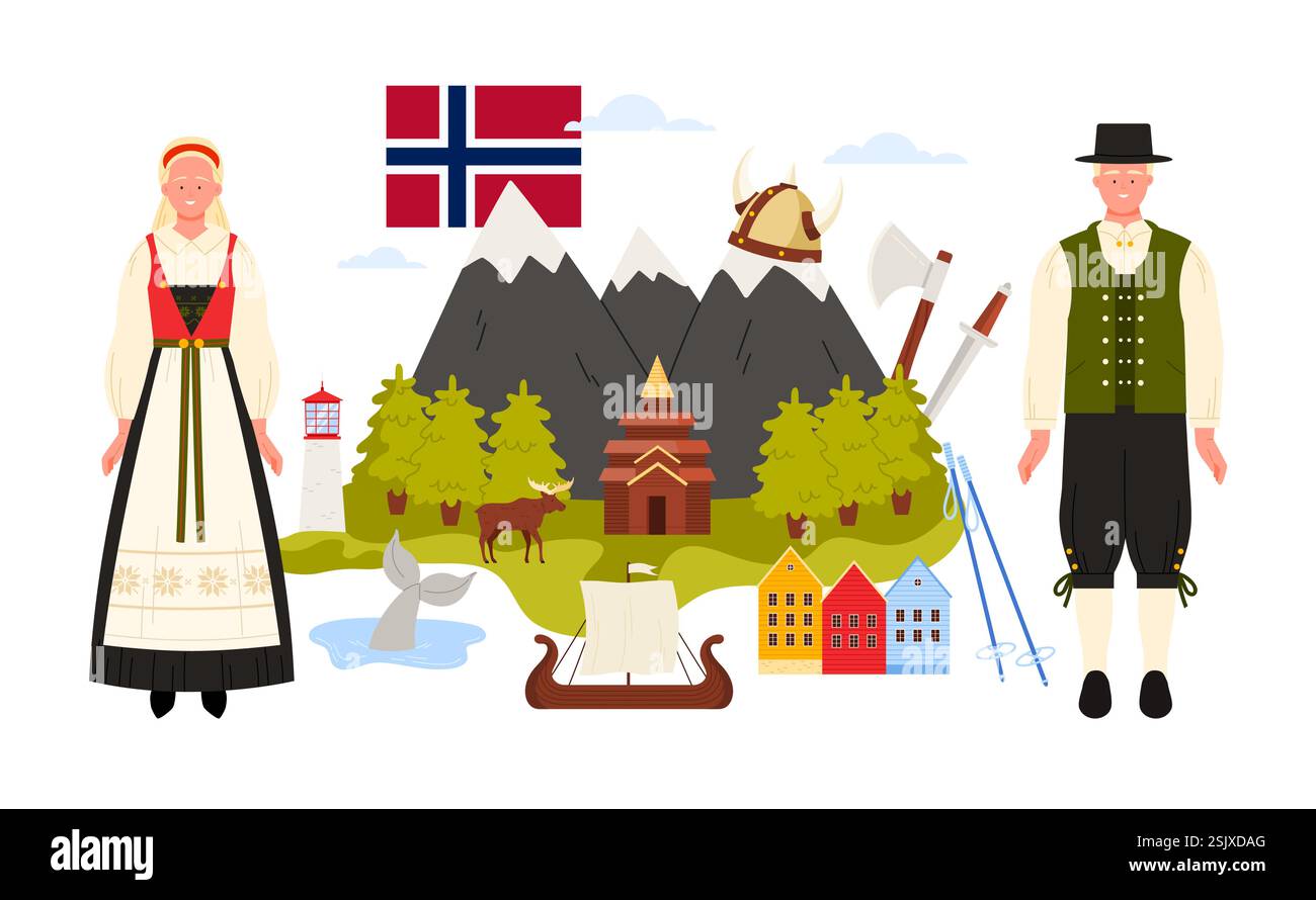 Voyage en Norvège, éléments culturels et architecture célèbre dans le collage infographique. Peuple norvégien, paysage de montagne avec forêt et urnes Stave Church, maisons de Bergen dessin animé illustration vectorielle Illustration de Vecteur