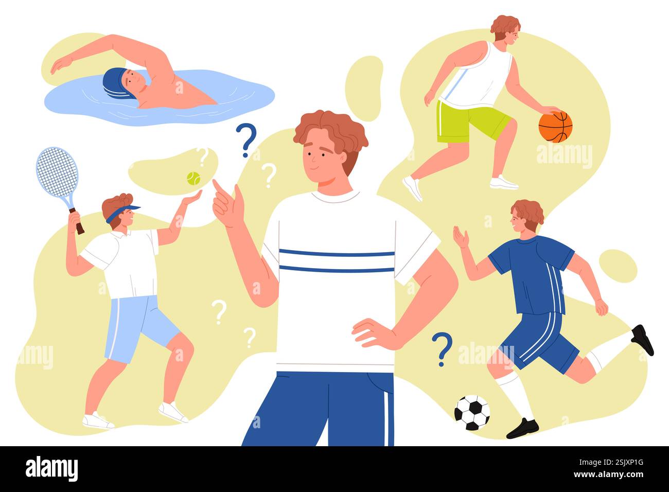 Homme avec point d'interrogation pensant au choix de l'entraînement sportif différent. Guy athlète choisissant entre la natation et les jeux de balle actifs, illustration vectorielle de dessin animé d'entraînement de basket-ball de tennis Illustration de Vecteur