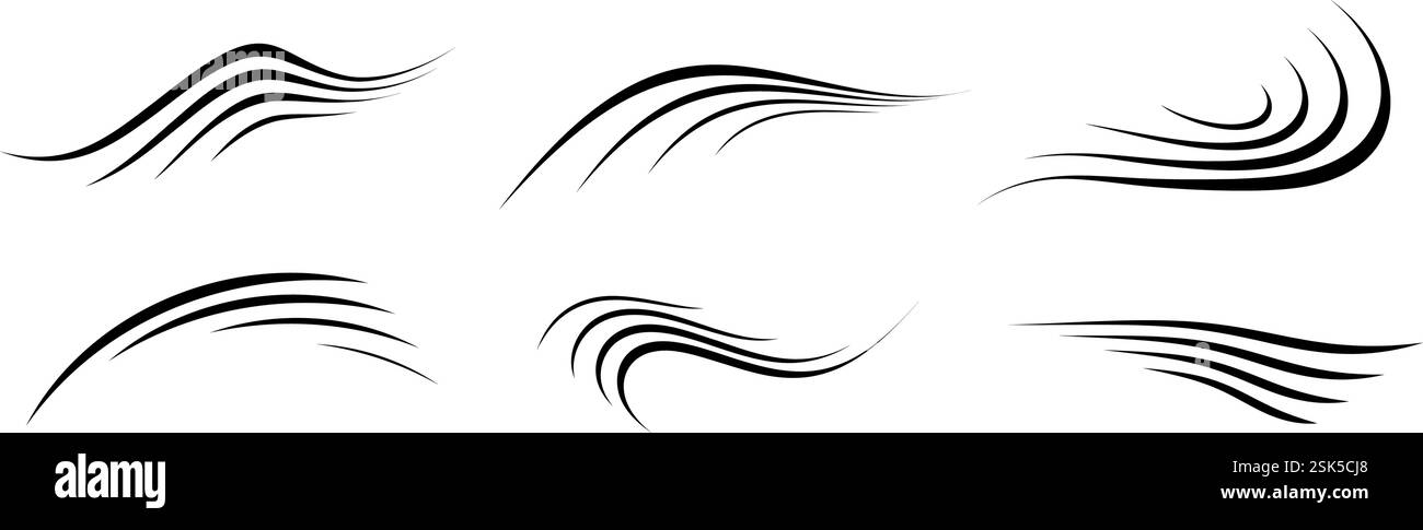 Ensemble de lignes de mouvement du vent fluide. Collection Air Wave Shape. Ouragan soufflant, brise ou concept de lignes de tempête. Faisceau de spirales et de courbes noires. Mouvement vectoriel et pack de symboles de rafale Illustration de Vecteur