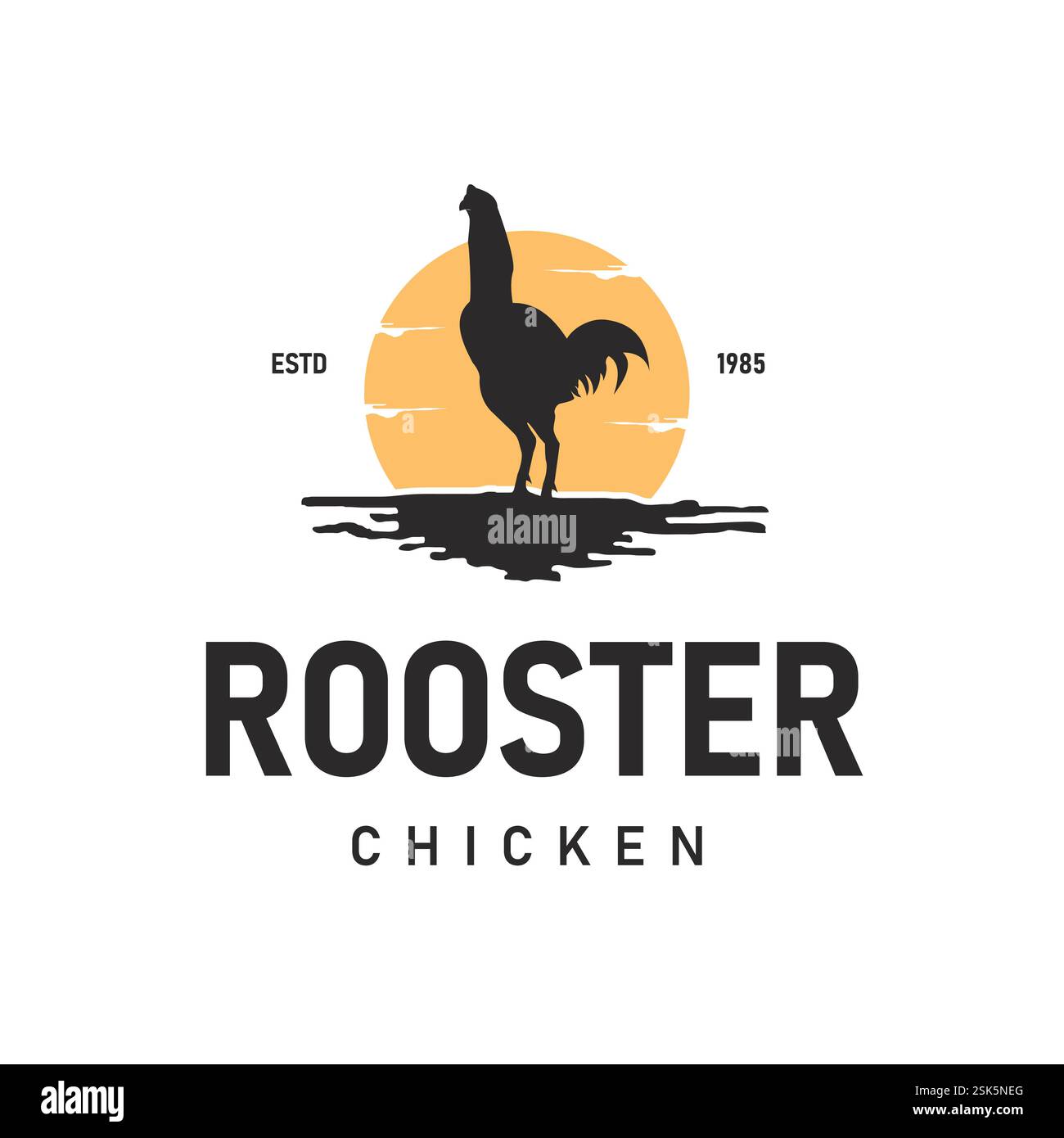 Logo de coq vintage avec fond de coucher de soleil parfait pour les entreprises agricoles, produits de poulet biologique Illustration de Vecteur