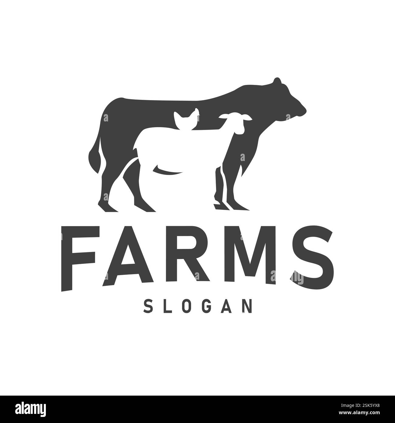 Logo de conception monochrome avec des silhouettes de vaches, moutons et poulets. Ce logo convient aux fermes, à l'agroalimentaire, aux produits carnés, aux produits laitiers et autres liv Illustration de Vecteur