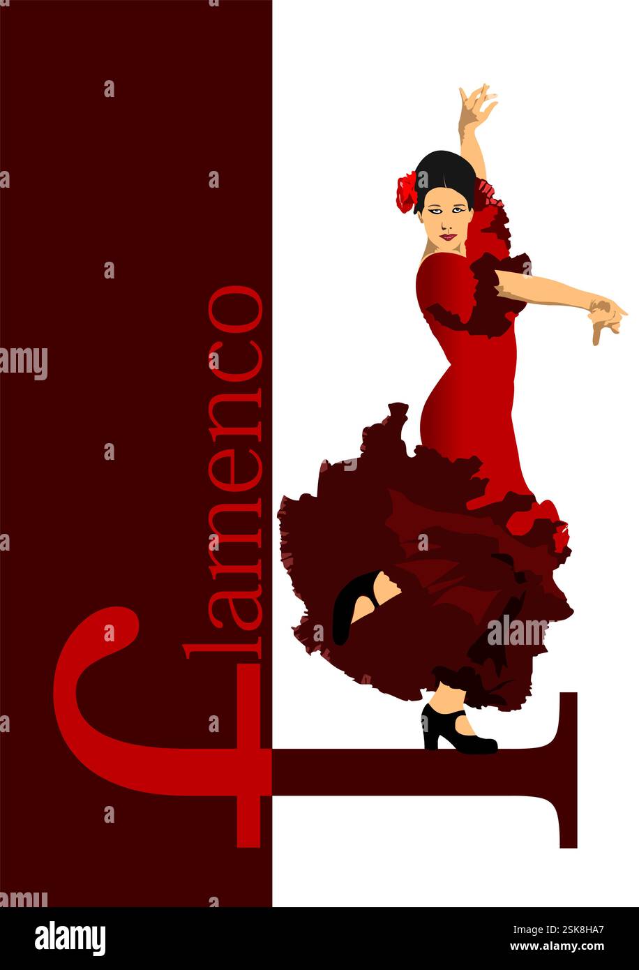 Belle jeune femme dansant le flamenco. Illustration vectorielle 3d dessinée à la main Illustration de Vecteur