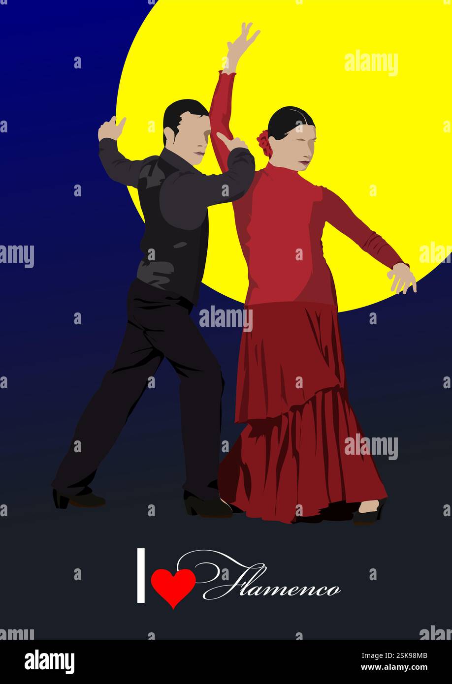 Beau jeune couple dansant flamenco. Illustration vectorielle 3d dessinée à la main Illustration de Vecteur