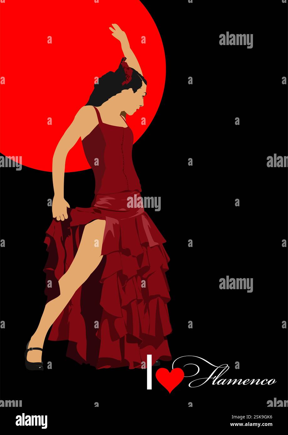 Belle jeune femme dansant le flamenco. Illustration vectorielle 3d dessinée à la main Illustration de Vecteur