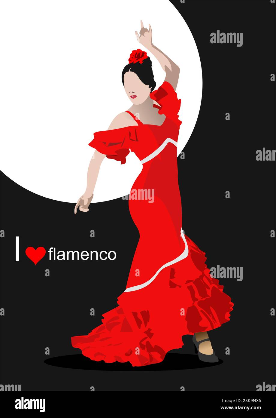Belle jeune femme dansant le flamenco. Illustration vectorielle 3d dessinée à la main Illustration de Vecteur