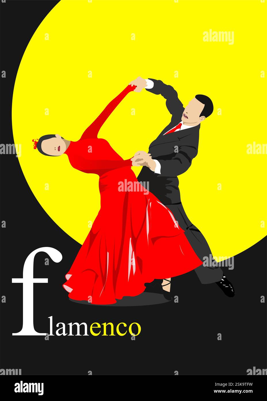 Beau jeune couple dansant affiche flamenco. Vecteur coloré 3d illustration dessinée à la main Illustration de Vecteur