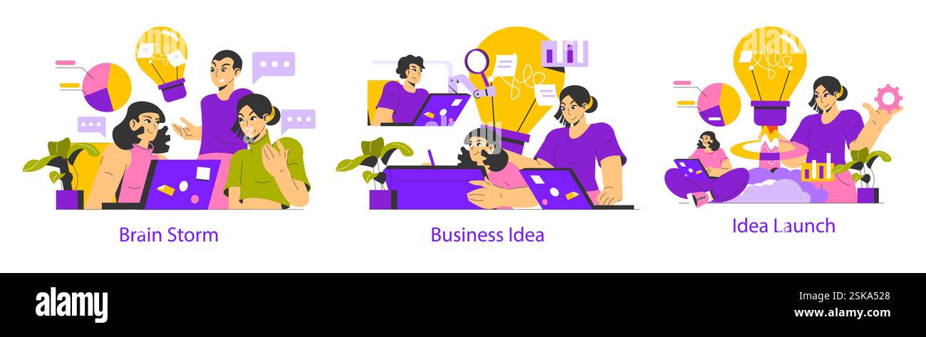 Étapes du processus de réalisation d'idées. Les équipes réfléchissent à des idées, développent des concepts commerciaux et lancent des solutions innovantes. Collaboration, créativité et productivité mises en évidence par des éléments visuels. Illustration vectorielle. Illustration de Vecteur