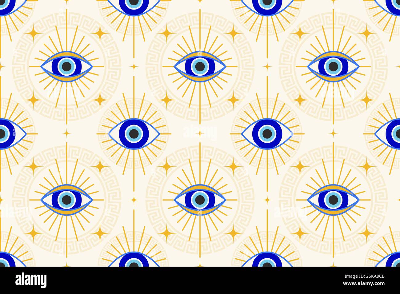 Motif mauvais oeil sans couture. Fond vectoriel turc avec des perles bleues et nazar magique. Amulette grecque mystique est le symbole de la protection et de la chance. Arabe Illustration de Vecteur