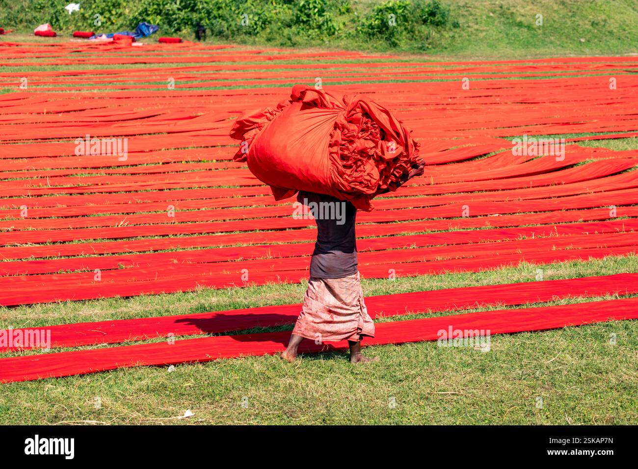 Un ouvrier porte un tissu teint sur sa tête alors qu'il se rend à l'usine après qu'elle a séché. Narsingdi, Bangladesh. Banque D'Images