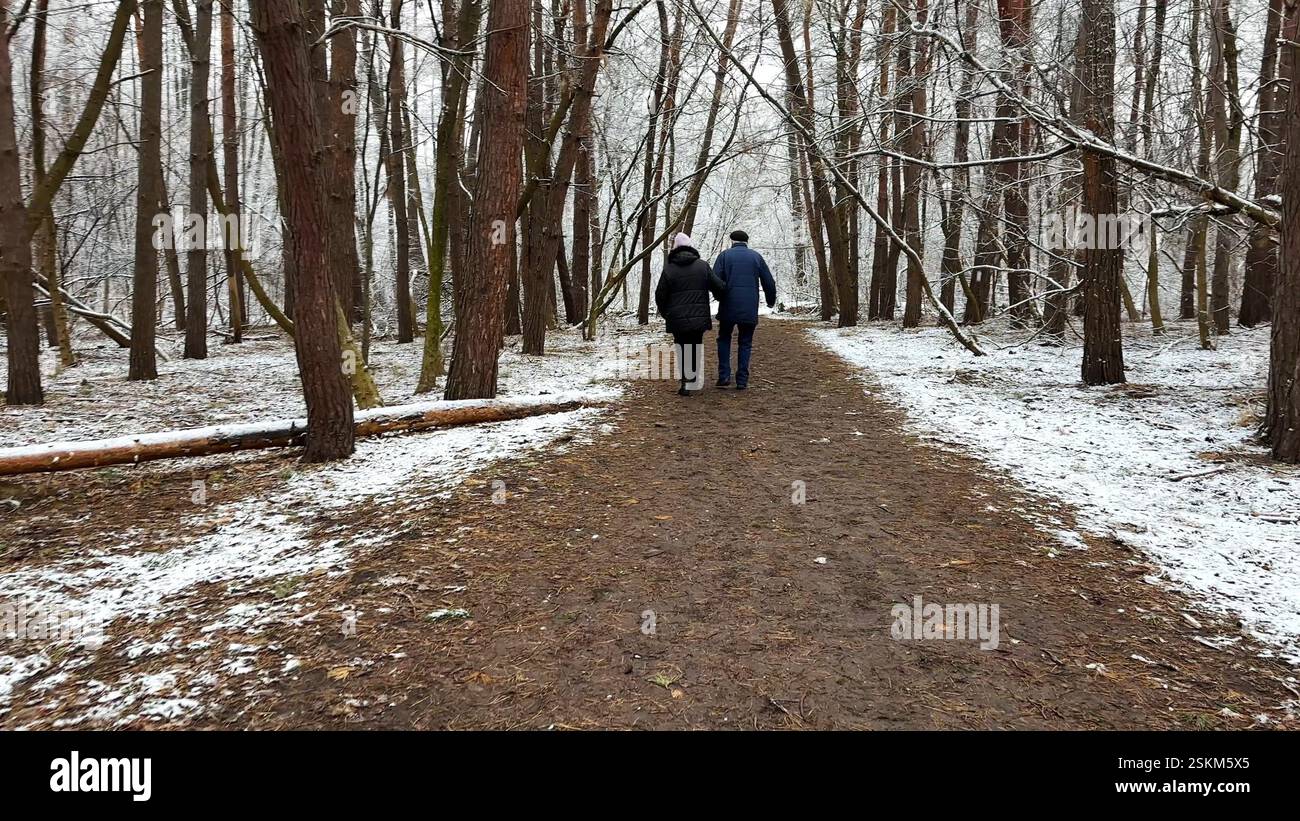 Couple mûr allant sur le chemin enneigé à la forêt de pins d'hiver. Mari senior et femme marchant à travers le sentier dans la forêt de conifères. Ancienne paire de Banque D'Images