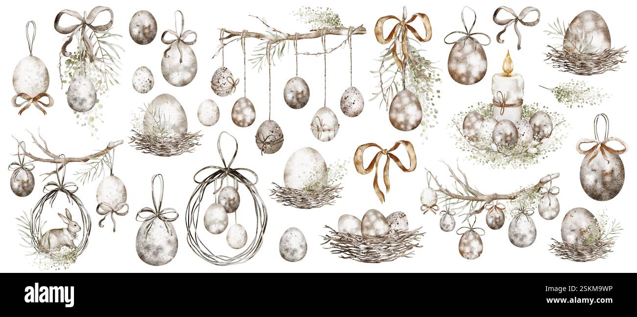 Motif aquarelle de Pâques. Illustration dessinée à la main oeufs de Pâques et à la lumière des chandelles pour la Pâque ou la conception religieuse. Dessin vintage pour icône ou logo. Banque D'Images