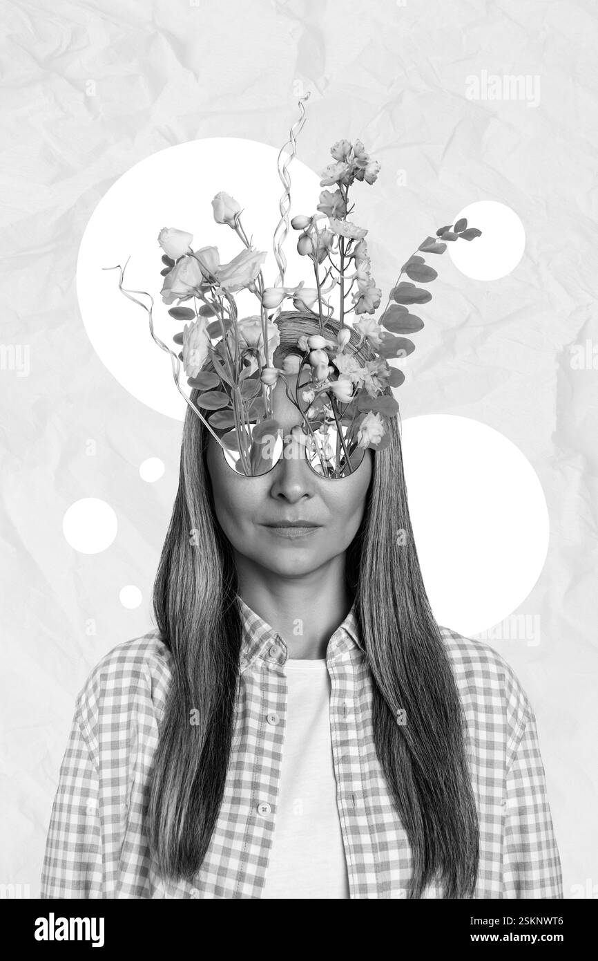 Photo créative 3D collage art poster carte postale photo de belle femme porter lunettes fleurs fraîches isolées sur fond de peinture Banque D'Images