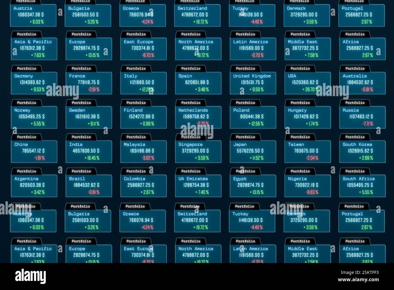 Gestion de portefeuille, marché boursier, investissement, trading, waelth, affaires. Investissements, portefeuilles locaux de différents pays. Marché boursier, études de marché, données, gestion de portefeuille, négociation, waelth, business. Illustration 3D img stock market083s01 portfolio Investments Banque D'Images