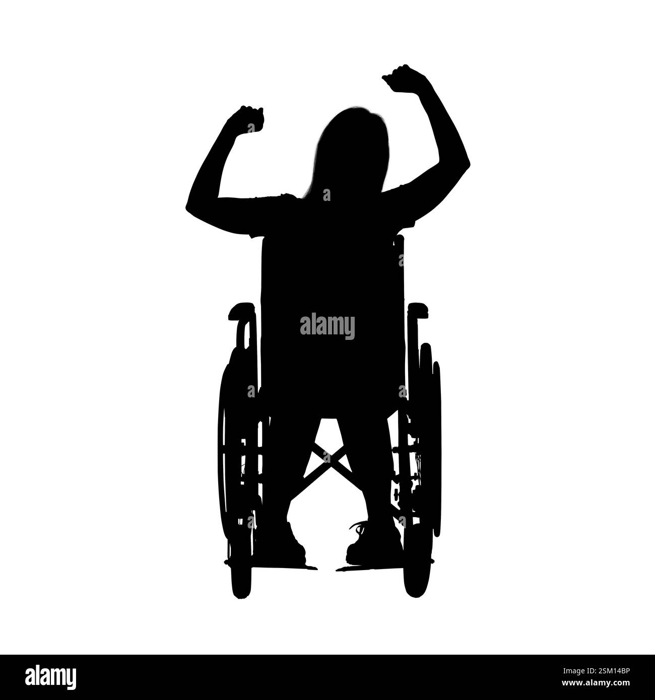 Silhouette de femme heureuse en fauteuil roulant sur fond blanc Banque D'Images
