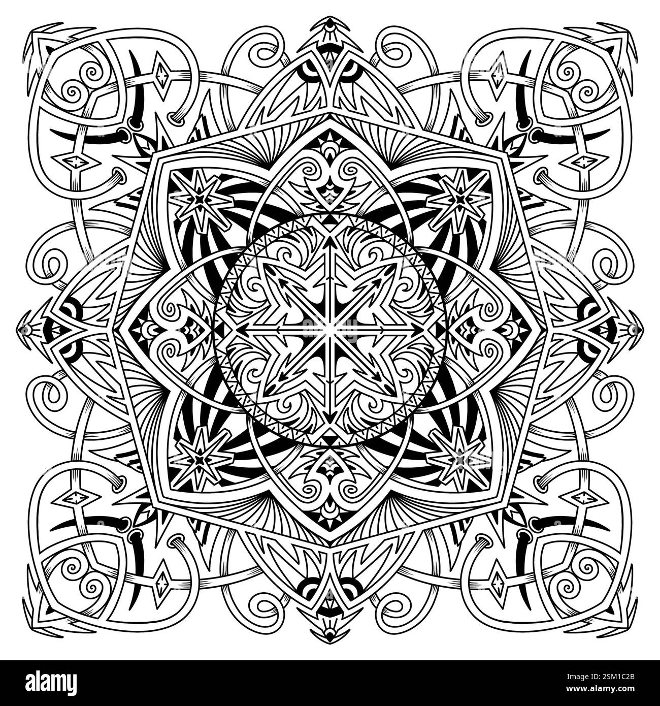 Page de livre de coloriage pour adultes. Motif symétrique mandala noir. Élément décoratif dessiné à la main.tatouage, henné, motif de conception de t-shirt Banque D'Images