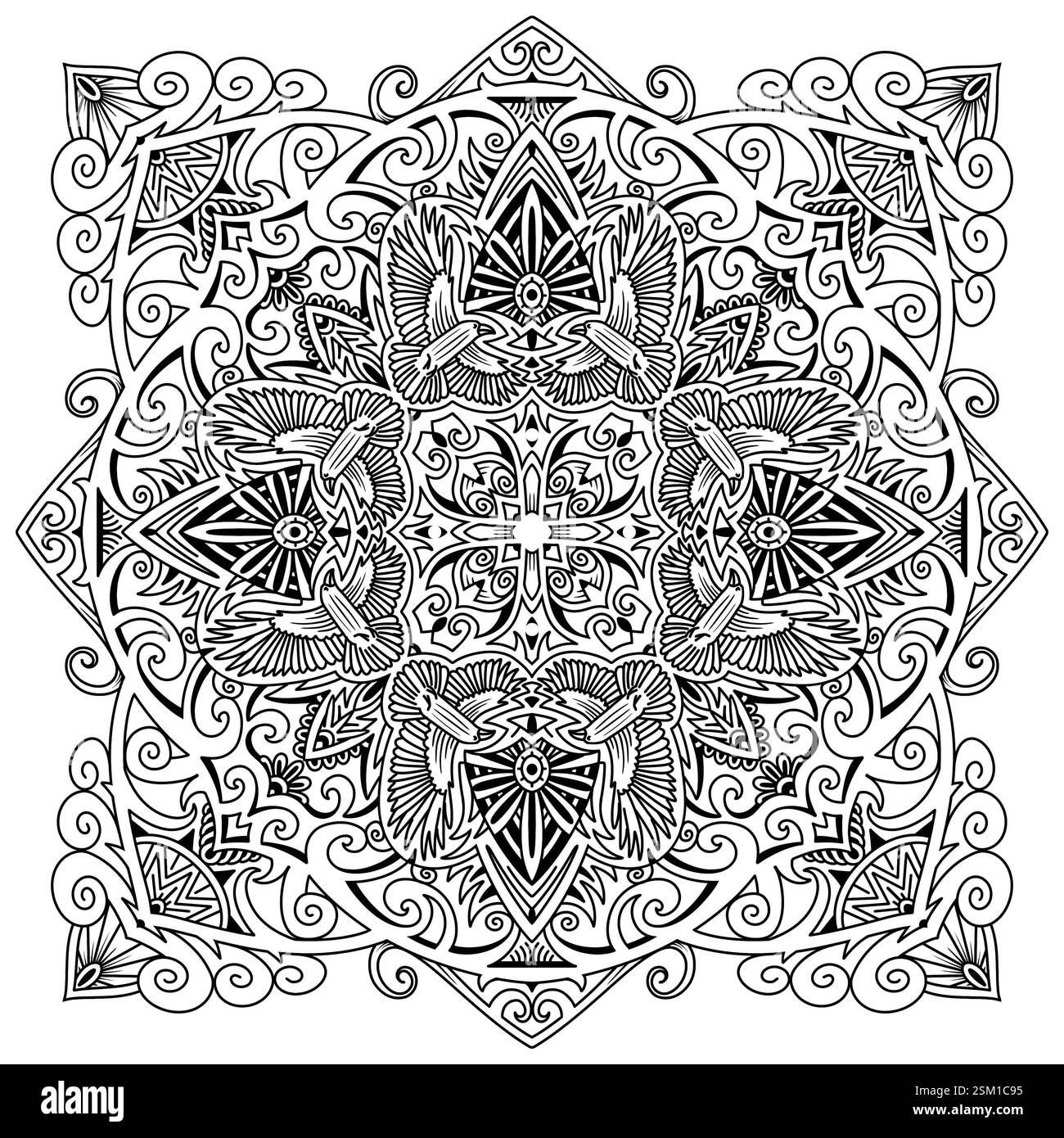 Mandala modèle symétrique avec pigeons. Elément décoratif dessiné à la main. Page de livre de coloriage pour adultes, tatouage, henné, motif de conception de t-shirt. Banque D'Images Mandala modèle symétrique avec pigeons. Elément décoratif dessiné à la main. Page de livre de coloriage pour adultes, tatouage, henné, motif de conception de t-shirt. Banque D'Images