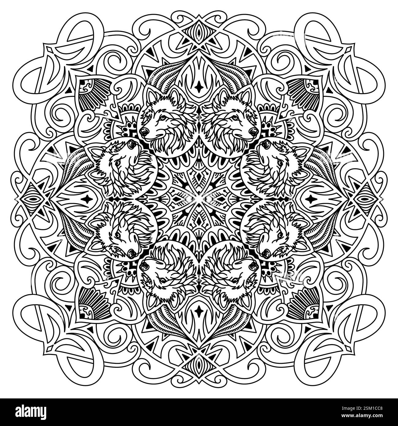 Répétition symétrique des loups. Elément décoratif dessiné à la main. Mandala noir pour livre de coloriage, tatouage, henné, motif de conception de t-shirt. Dos transparent PNG Banque D'Images Répétition symétrique des loups. Elément décoratif dessiné à la main. Mandala noir pour livre de coloriage, tatouage, henné, motif de conception de t-shirt. Dos transparent PNG Banque D'Images