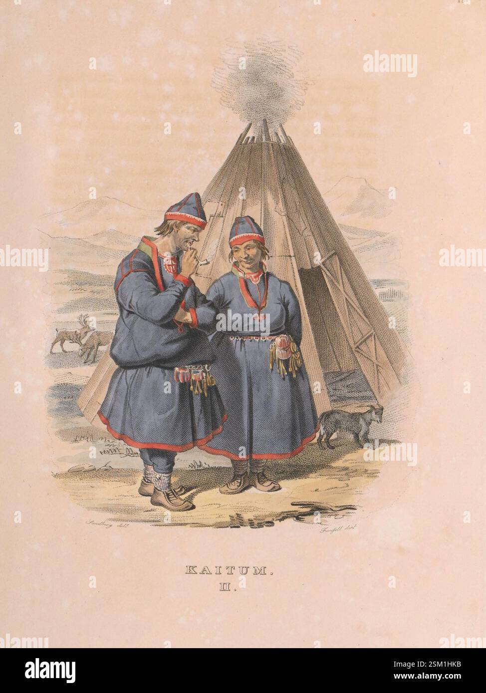 Vêtement traditionnel de résident de Kaitum, Suède, debout devant leur tente. Illustration vintage du XIXe siècle de la Suède par Christian Forssell. Banque D'Images Vêtement traditionnel de résident de Kaitum, Suède, debout devant leur tente. Illustration vintage du XIXe siècle de la Suède par Christian Forssell. Banque D'Images