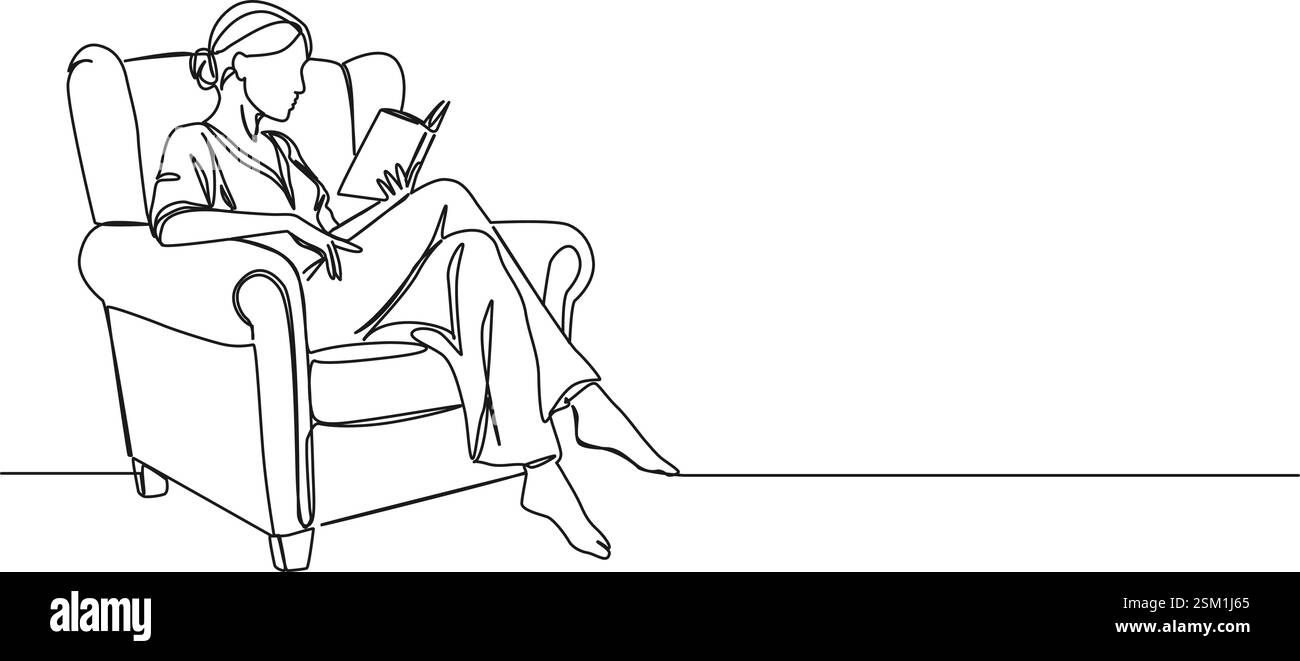 dessin simple continu de femme dans le livre de lecture de fauteuil, illustration vectorielle d'art de ligne Illustration de Vecteur