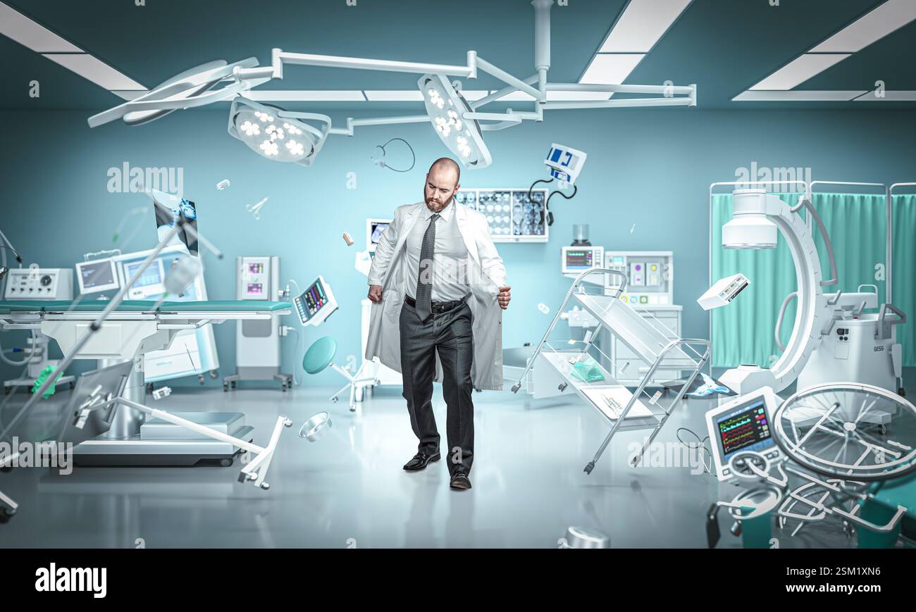 Médecin paraissant confus en se tenant debout dans la salle d'opération de gravité zéro avec un équipement médical flottant Banque D'Images