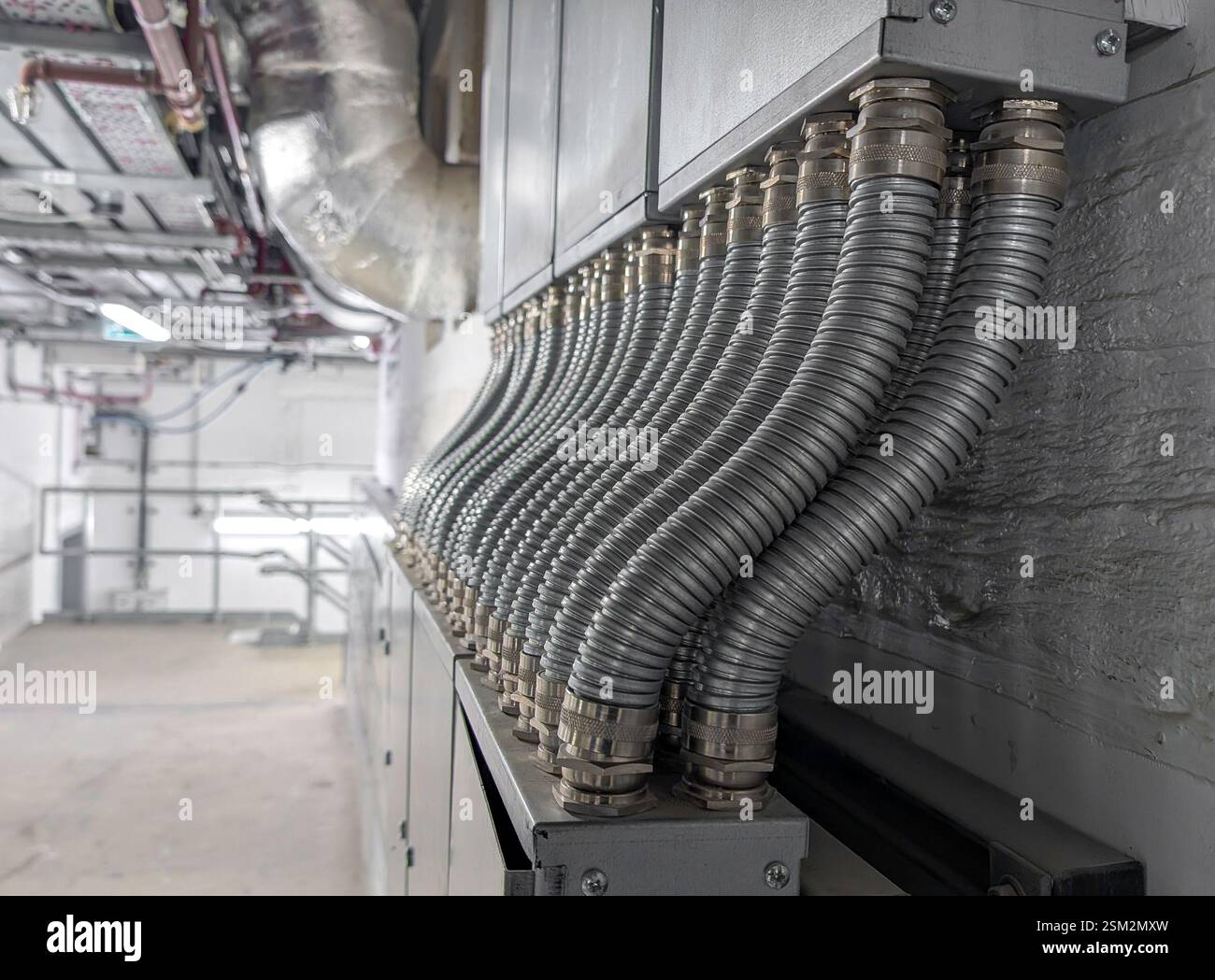 Disposition symétrique des câbles à conduit métallique flexible (FMC), qui sont connectés à de grandes boîtes de jonction électriques. Banque D'Images