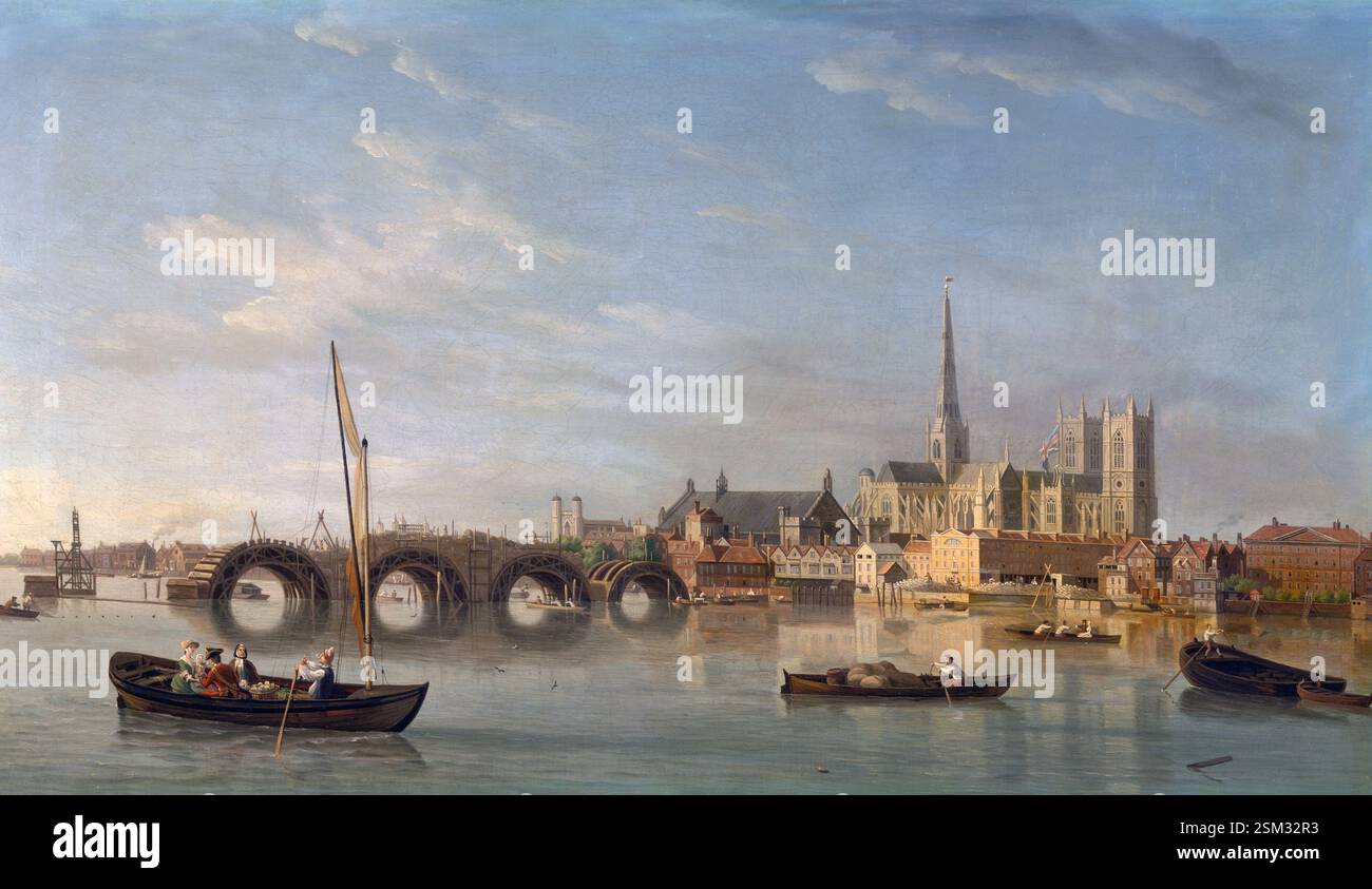 Huile sur toile peinture du bâtiment de Westminster Bridge London en construction par l'artiste Samuel Scott 1742 œuvre d'art du 18ème siècle River Thames peinture vintage époque géorgienne décoration murale affiche Banque D'Images