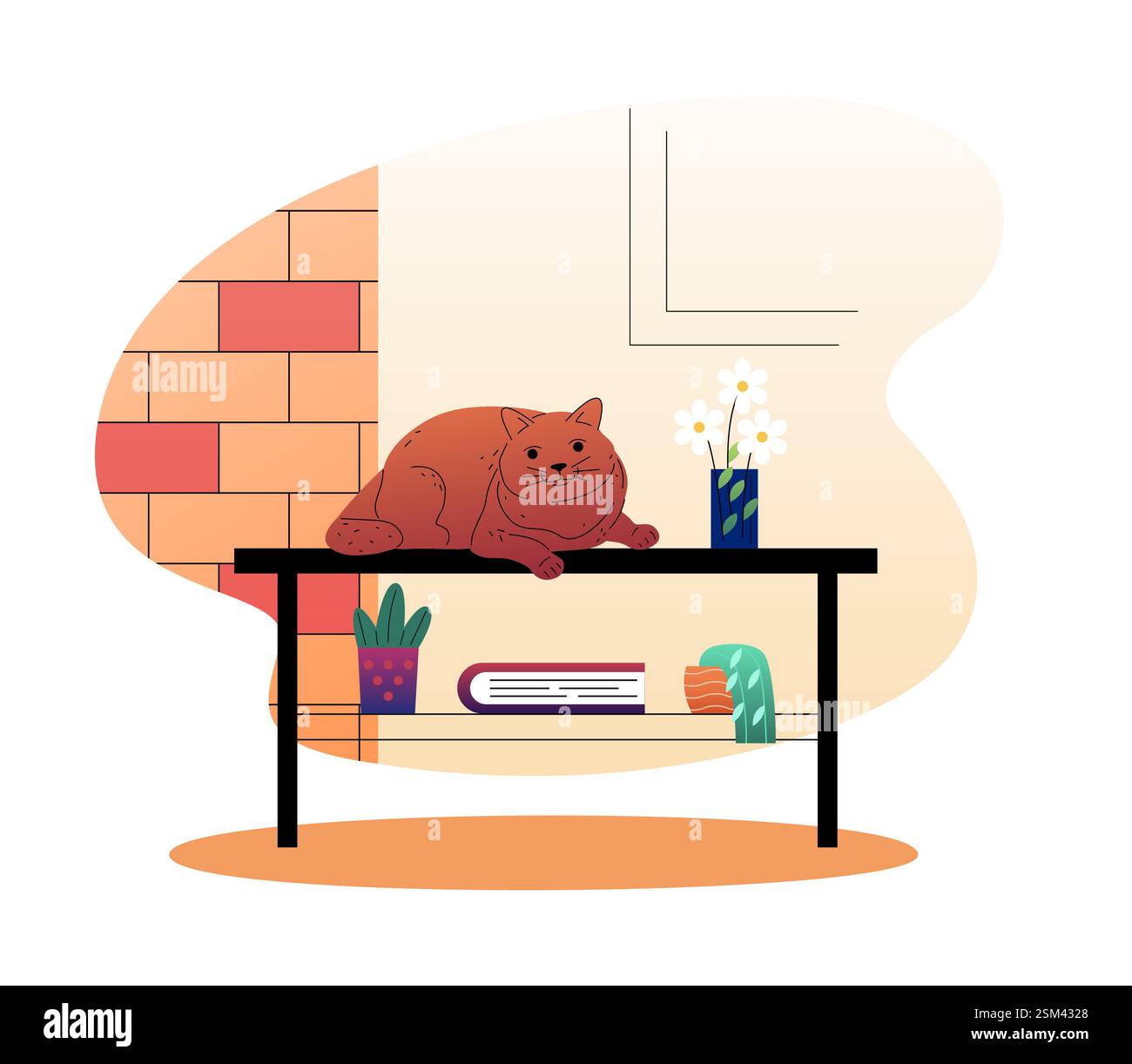 Chat mignon allongé sur une table élégante dans un intérieur confortable de la maison. Illustration de Vecteur