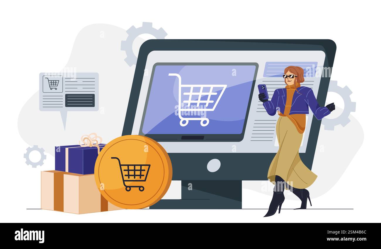 Femme magasinant en ligne avec smartphone et grand écran. Illustration de Vecteur