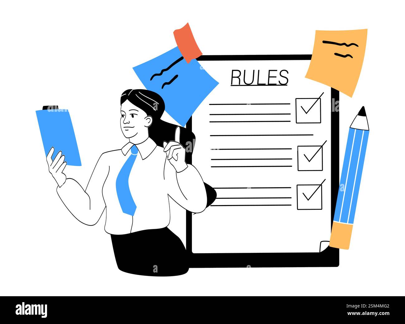 Femme d'affaires examinant la liste de contrôle des règles sur le presse-papiers. Illustration de Vecteur