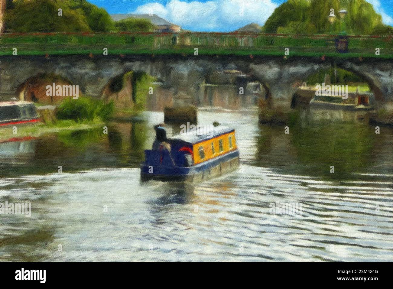 Bateau étroit, Great North Road Bridge et River Trent, Newark-on-Trent, Nottinghamshire, Angleterre. Banque D'Images