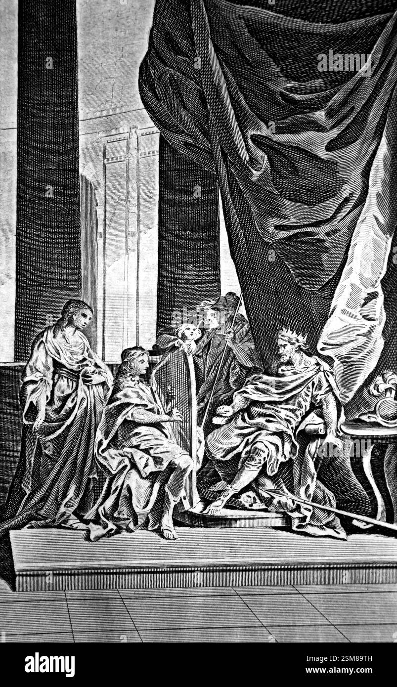 David a envoyé jouer la harpe pour le roi Saul pour l'apaiser quand le mauvais esprit vient sur lui ( Samuel) de Antique 1780 le révérend Dr Southwell's Fam Banque D'Images