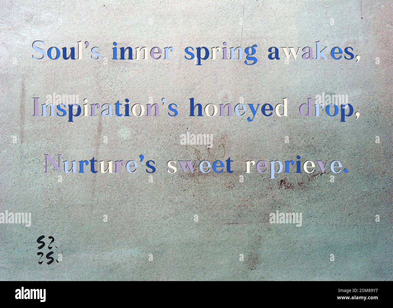 Le printemps intérieur de Soul s'éveille, la goutte miellée de l'inspiration, le doux sursis de Nurture. Horia Radulescu's Silver Writers' Guild. Art de Zsuzsa Szikra. Poésie Art Print, Triplumes est une forme poétique unique inspirée du haïku traditionnel, composée de trois lignes qui capturent des moments de clarté, d'émotion et de perspicacité. Dans notre collection, nous embrassons la liberté de la langue, où le mélange des mots et la suppression des traits d'Union est plus qu'un choix stylistique, c'est une façon de transmettre l'unité et la proximité entre les idées, créant une expression fluide et compacte qui résonne avec les rythmes de la vie moderne. Banque D'Images Le printemps intérieur de Soul s'éveille, la goutte miellée de l'inspiration, le doux sursis de Nurture. Horia Radulescu's Silver Writers' Guild. Art de Zsuzsa Szikra. Poésie Art Print, Triplumes est une forme poétique unique inspirée du haïku traditionnel, composée de trois lignes qui capturent des moments de clarté, d'émotion et de perspicacité. Dans notre collection, nous embrassons la liberté de la langue, où le mélange des mots et la suppression des traits d'Union est plus qu'un choix stylistique, c'est une façon de transmettre l'unité et la proximité entre les idées, créant une expression fluide et compacte qui résonne avec les rythmes de la vie moderne. Banque D'Images