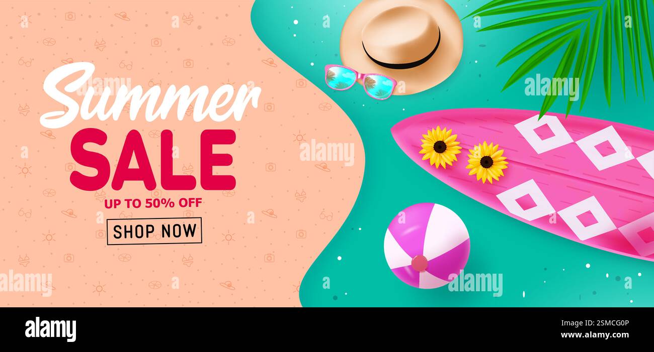 Design de bannière vectorielle de texte de vente d'été. Éléments de plage avec 50% de réduction pour la saison estivale. Fond de paysage d'illustration vectorielle. Illustration de Vecteur