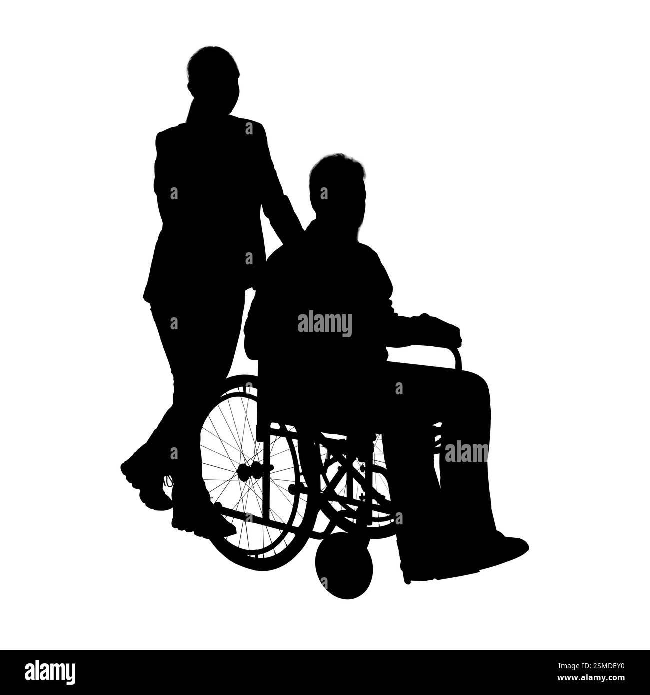 Silhouette de femme avec homme en fauteuil roulant sur fond blanc Banque D'Images