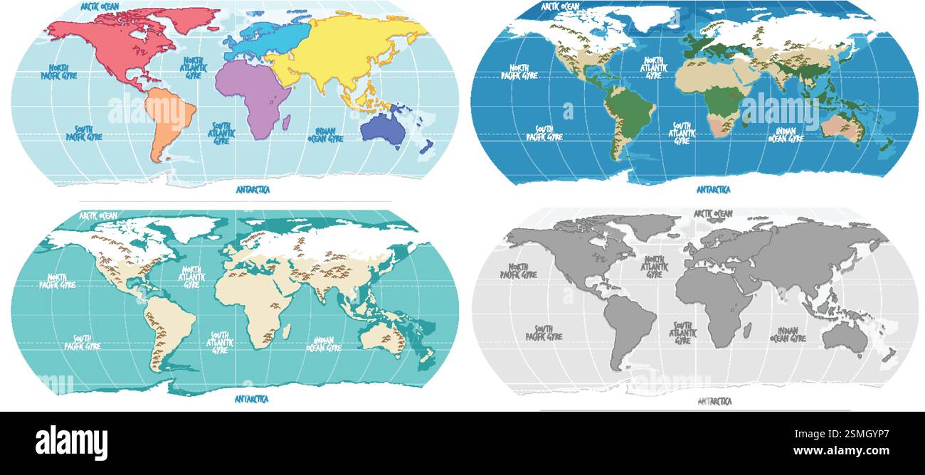 Quatre cartes du monde avec différentes couleurs et styles Illustration de Vecteur