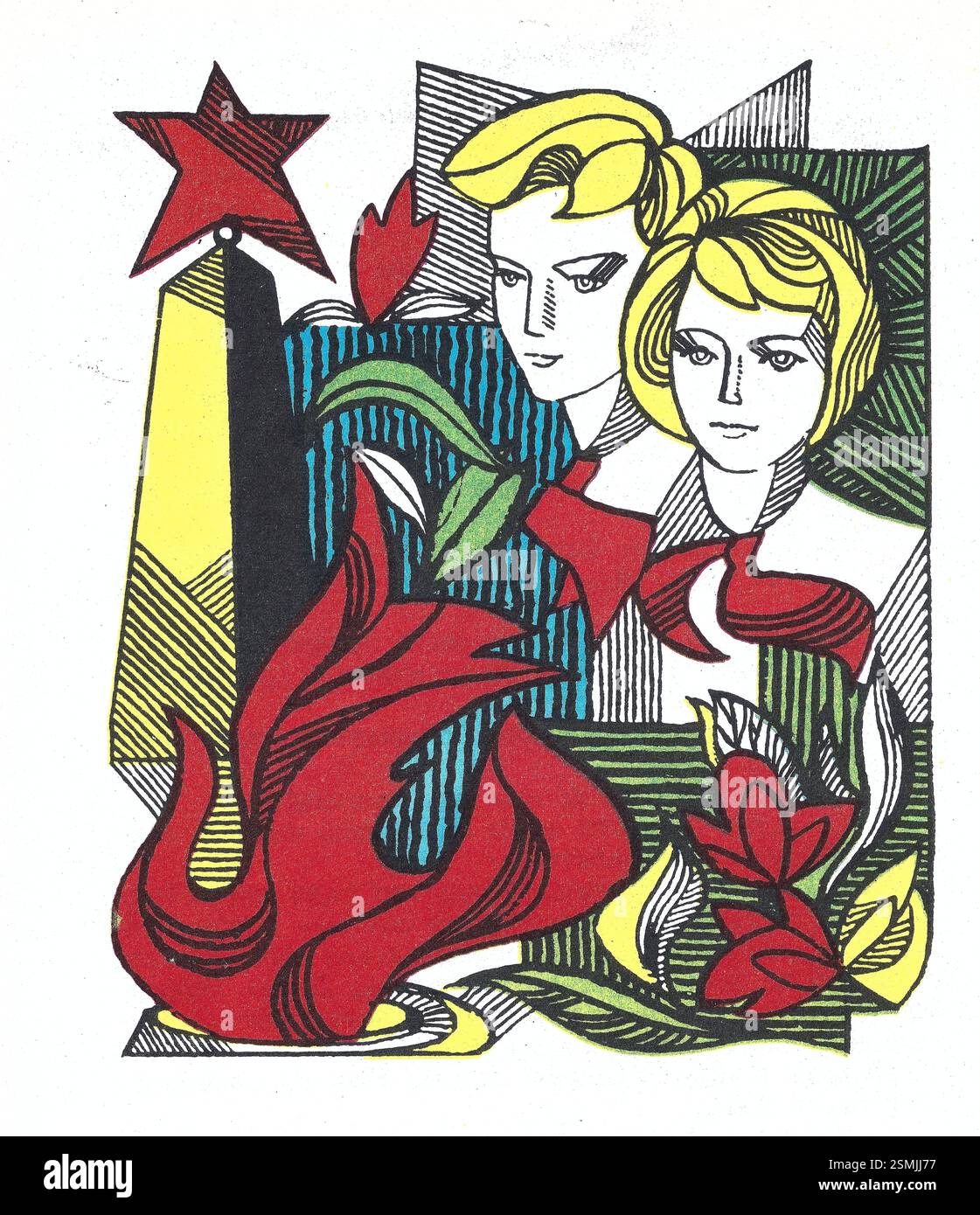 Jeunes pionniers, foulards rouges. Une illustration colorée de style brutaliste et socialiste d'un vieux livre russe soviétique sur les vacances, les rituels, les traditions. Banque D'Images