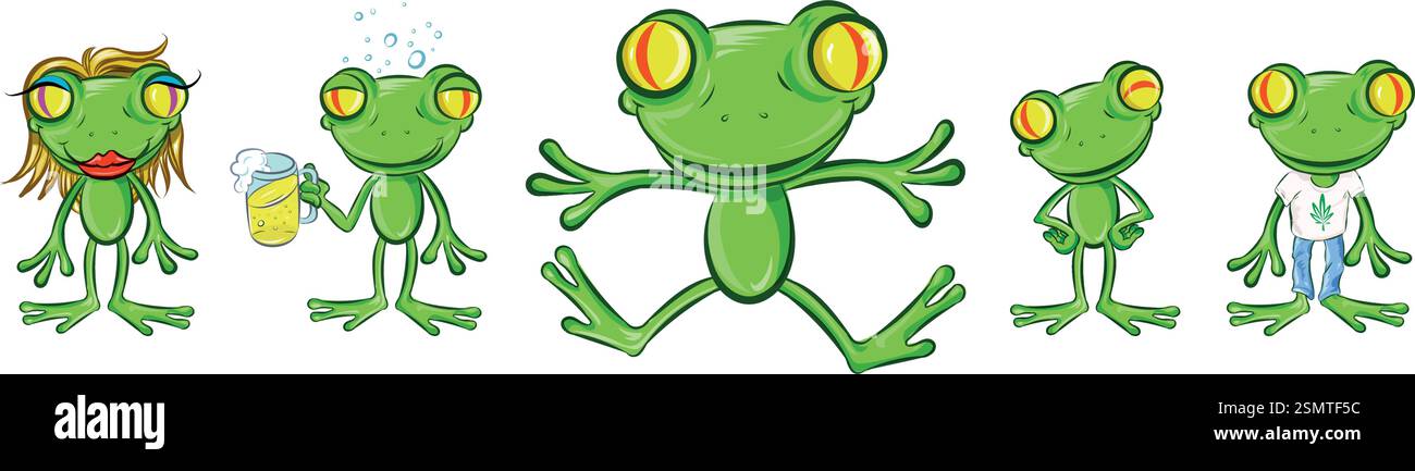 Funny Frog set dans différentes poses. Collection isolée dans le style de dessin animé. illustration vectorielle Illustration de Vecteur
