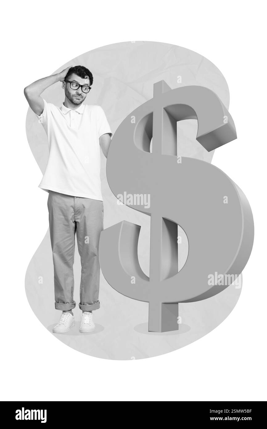 Le magazine Banner collage de l'économiste confus Guy ont question dollars la récession de l'argent Banque D'Images