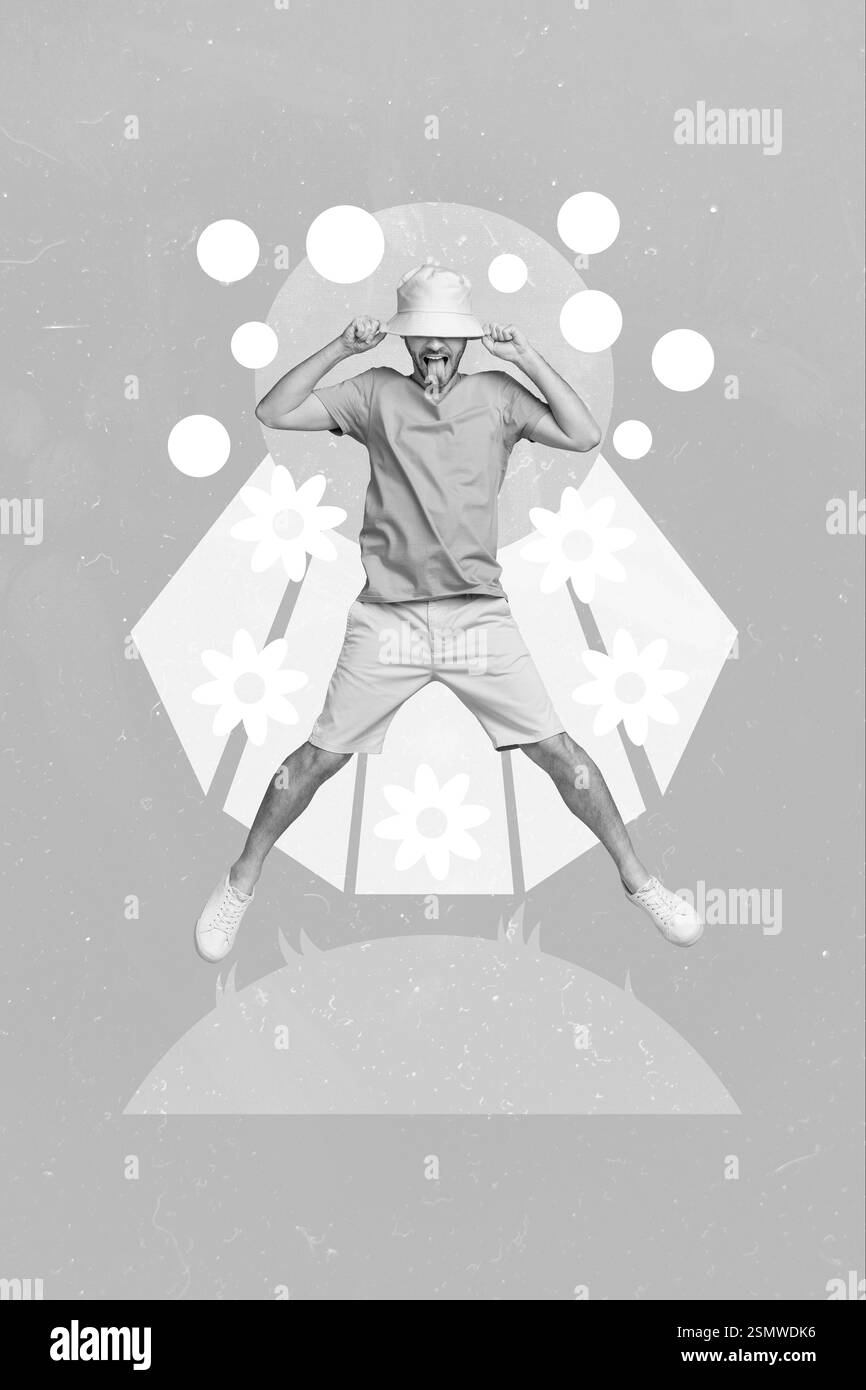 Collage composite d'un jeune saut air liberté printemps enfin fleurs fleur gars porter chapeau langue dehors isolé sur fond peint Banque D'Images