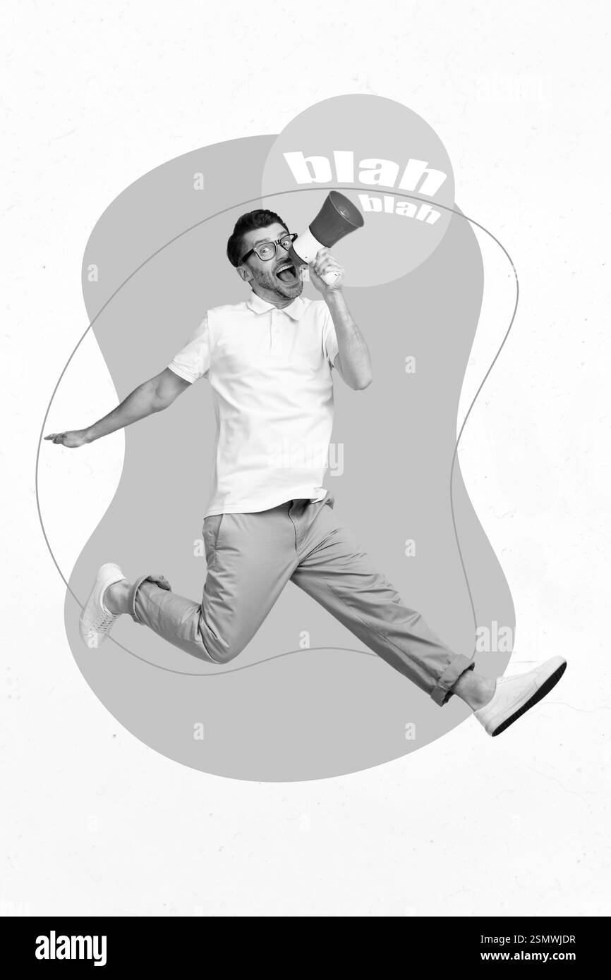 Modèle créatif magazine collage de jeune mec funky travailleur utiliser megaphone diffuser des informations de publicité Banque D'Images