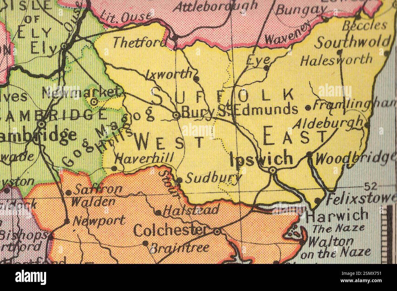 Une carte politique vintage de la Grande-Bretagne montrant le comté de Suffolk. Banque D'Images