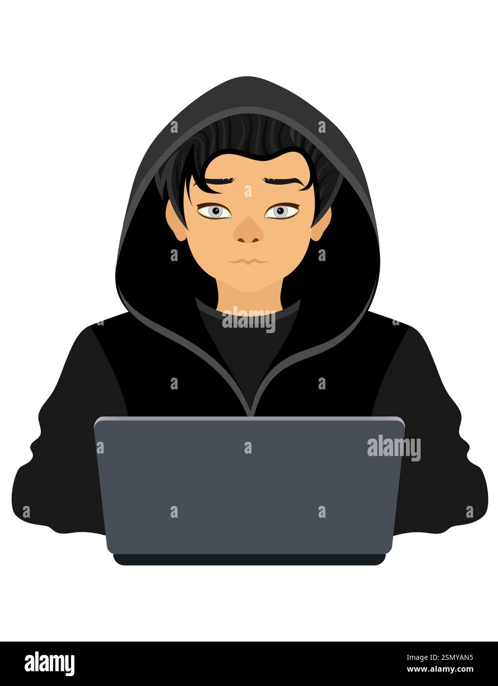jeune programmeur de hacker spécialiste codeur assis à un ordinateur portable dans un pull avec une illustration vectorielle de style plat de capot isolé sur fond blanc Illustration de Vecteur